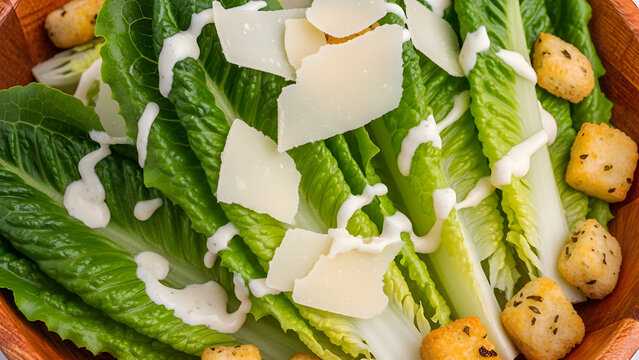 A classic caesar salad with romaine lettuce,  croutons,  and parmesan cheese in a bowl