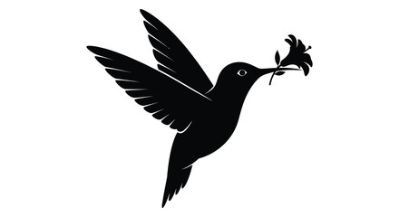 A striking depiction of a hummingbird in flight carrying a small branch with leaves rendered as a black silhouette high quality © GDOthoi02