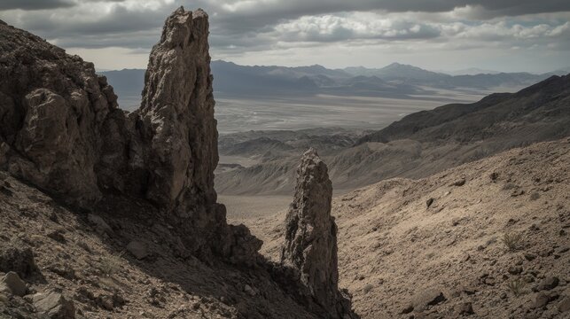 Sharp crystalline rock formations jutting out from a rugged desert landscape under a cloudy sky - Powered by Adobe
