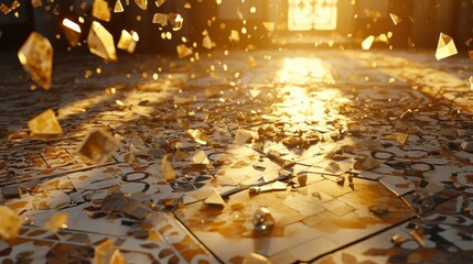 Shards of broken tile and ceramic litter a floor with golden sunlight illuminating the scattered fragments