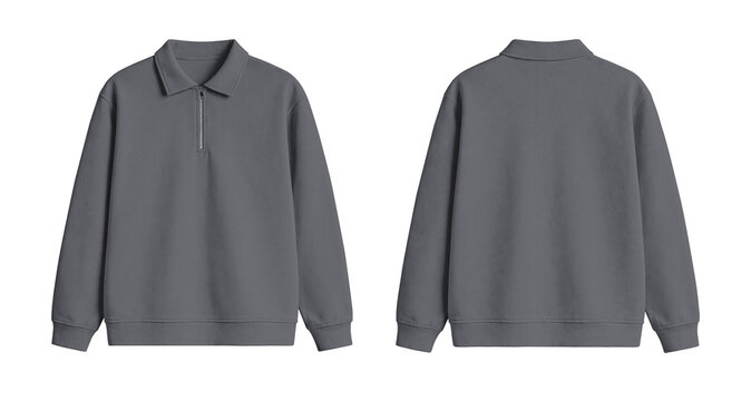 Blank Dark Gray Quarter Zip Polo Sweatshirt Mockup Front and Back Isolated on Transparent Background
