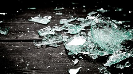 Sharp glass fragments and shards scattered across a dusty wooden surface with dark lighting