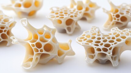 Series of polished interconnected bio plastic components in white and yellow on a clean background