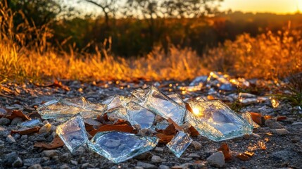 Sharp glass shards glittering underfoot amidst dry golden grasses and scrub at dusk with warm sunset light