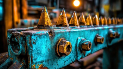 Sharp golden spikes protrude from a weathered turquoise industrial metal barrier with a blurred background of warm light