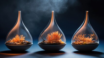 Series of sculpted glass teardrop terrariums each containing delicate organic botanical elements displayed in soft lighting