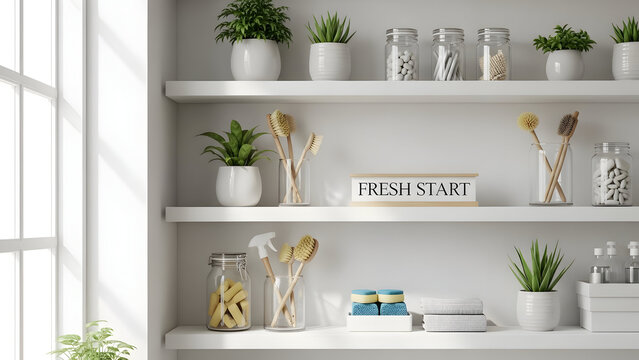 This calm spring cleaning visual uses clean lines and soft tones to reflect order, clarity, and a refreshed home environment.