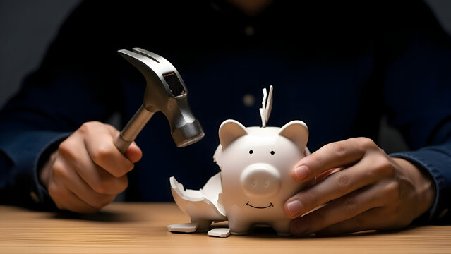 Man smashing a piggy bank with a hammer on a wooden desk in a dark room with a blurred background