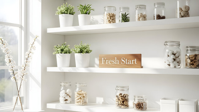A serene and minimalist spring cleaning design for March, highlighting organization and a fresh home atmosphere loved by US homeowners.