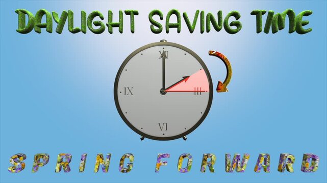 Daylight saving time spring forward animation with clock and flowers texture