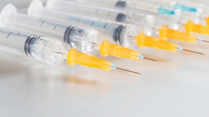 Several individual sterile medical syringes with protected yellow tips arranged in a row on a clean white surface