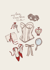 Vector poster illustration of shoes, mirror, corset and mask. Romantic love symbol perfect for Valentines Day holiday, wedding designs, posters, invitations and festive decor.
