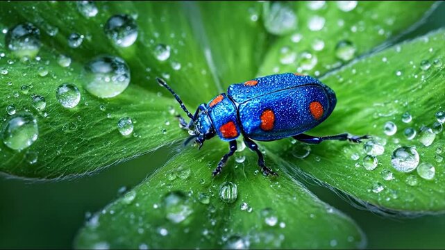 Vibrant beetle on green leaf with water droplets macro shot