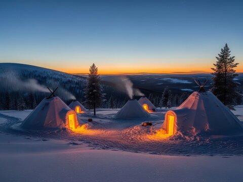 Snow igloos sunset winter landscape