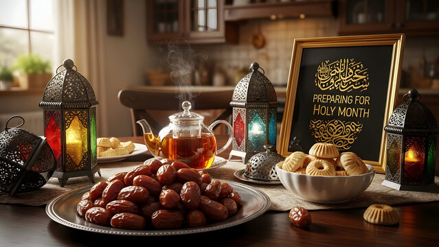 3D render of fresh dates, warm tea teapot, and colorful Arabic lanterns with Preparing for the Holy Month sign. Islamic Ramadan preparation concept