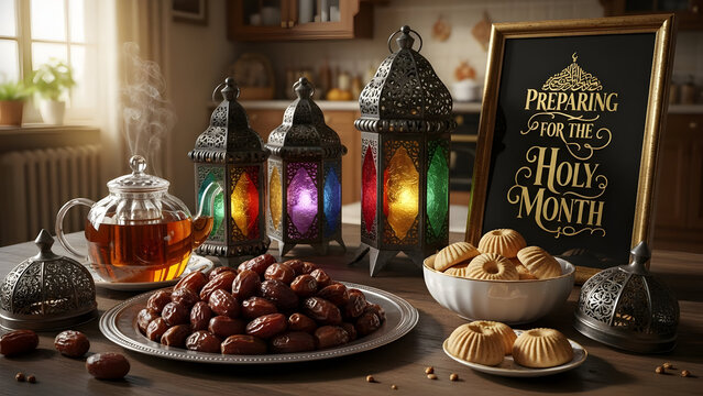 3D render of fresh dates, warm tea teapot, and colorful Arabic lanterns with Preparing for the Holy Month sign. Islamic Ramadan preparation concept