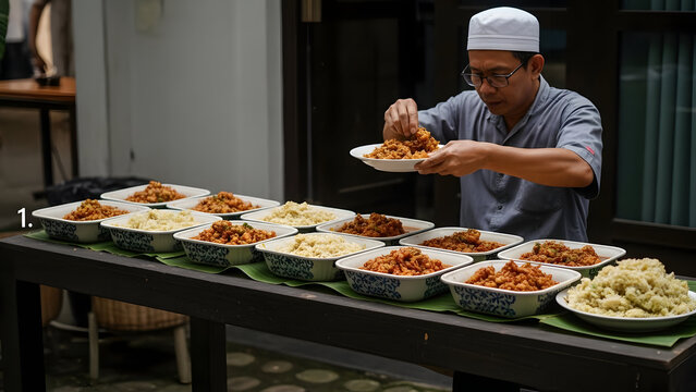 Chef arranging an assortment of prepared dishes on a buffet table in a restaurant kitchen