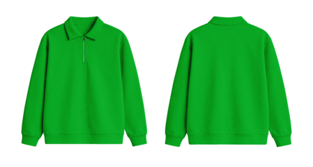 Blank Light Green Quarter Zip Polo Sweatshirt Mockup Front and Back Isolated on Transparent Background
