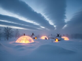 Igloo village at dusk winter landscape