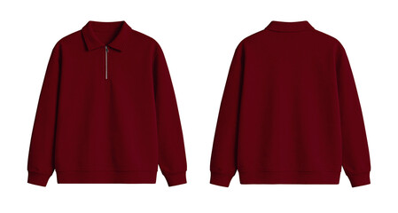 Blank Maroon Red Quarter Zip Polo Sweatshirt Mockup Front and Back Isolated on Transparent Background © Drip