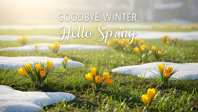 A refined spring welcome visual capturing nature&rsquo;s renewal as crocuses bloom through melting snow under soft, golden sunlight.