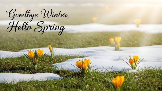 A peaceful First Day of Spring landscape featuring snow fading into green grass, blooming yellow crocuses, and gentle warm light.