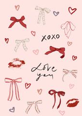 Vector poster illustration of bows. Romantic love symbol perfect for Valentines Day holiday, wedding designs, posters, invitations and festive decor.