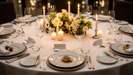 Fototapeta premium Elegant round banquet table setting with candles white roses fine china and gourmet appetizers