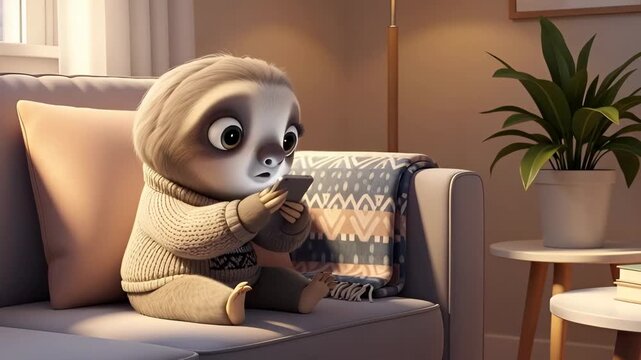 Cute sloth characater wearing sweater sitting on sofa and using smartphone. Digital art of adorable animal for cozy and tech themes.