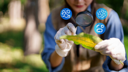 Botanist inspects leaf with magnifying glass for plant disease analysis studying microbes for agricultural technology and environmental science microbiology research agritech