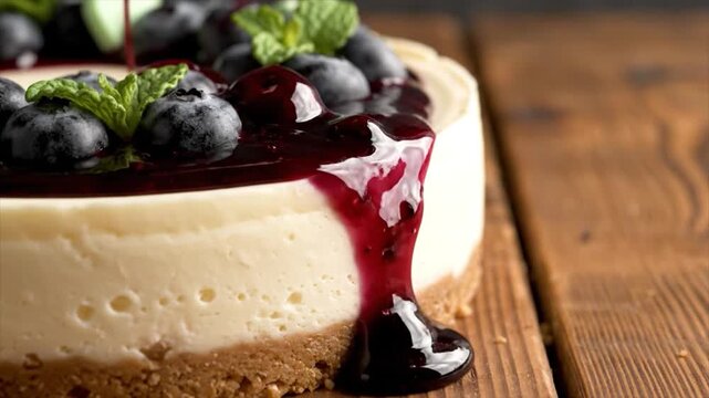 Delicious Blueberry Cheesecake with Topping Pouring Over and Fresh Mint Leaves