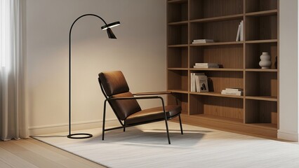 Leather armchair and minimalist floor lamp next to wooden bookshelf
