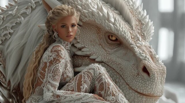 A high-detail fantasy portrait of a woman with blonde braided hair wearing an intricate white lace dress, leaning peacefully against a large, scaled white dragon.