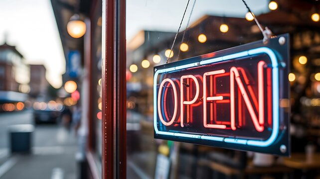 Neon open sign glowing on storefront window during evening city time
