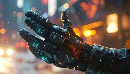 Cybernetic Hand Reaching Out in a Futuristic Cityscape.