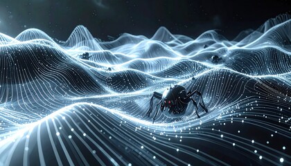 Cybernetic Spider Navigating a Digital Landscape of Light Waves.