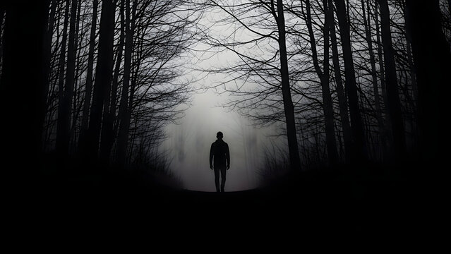 Silhouette of a person standing alone in a dark forest with trees and fog isolated on white background is not applicable here,  man in darkness surrounded by trees and mist