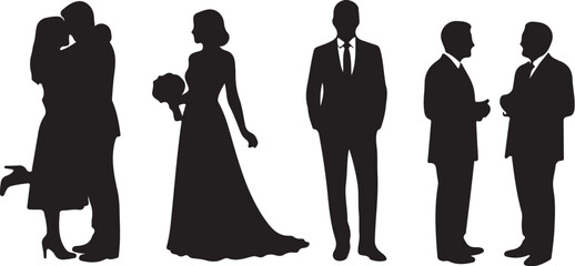 Silhouettes of people in formal attire including a bride and groom embracing and others conversing also transparent background