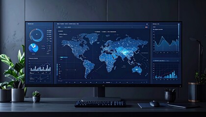 Data Visualization on Ultrawide Monitor Displaying World Map and Charts.