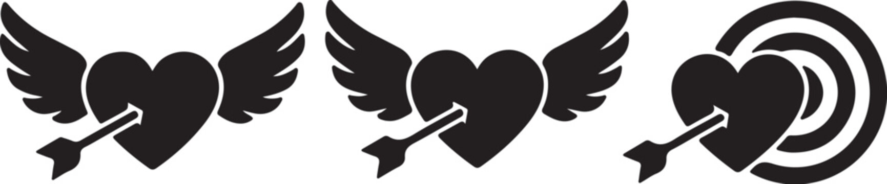 Three black silhouettes of hearts with arrows and wings on a white background also transparent background