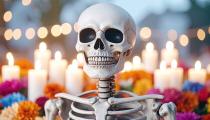 Day of the Dead Skeleton with Candles and Marigolds.