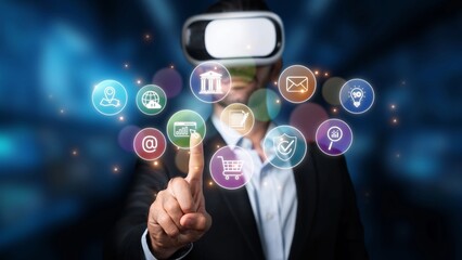 A businessman immerses himself in virtual reality, interacting with vibrant icons symbolizing various digital experiences and innovative technological solutions. Raster