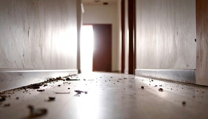 Debris on the Floor in a Bright Hallway.