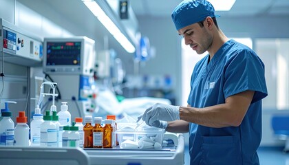 Dedicated healthcare professional preparing medication in a modern hospital.
