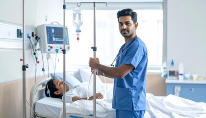 Dedicated Male Nurse Attending to Patient in Hospital Room.