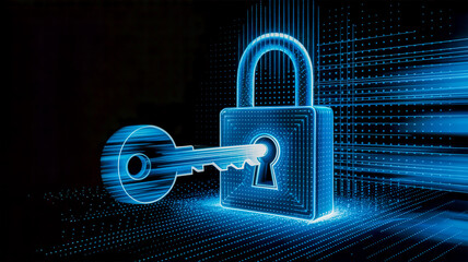Digital Lock and Key with Blue Neon Glow and Data Stream mpmpr2kgs stock