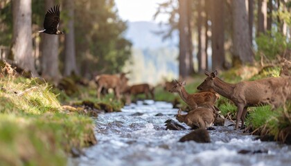 Deer Herd Crossing a Stream in a Lush Forest.