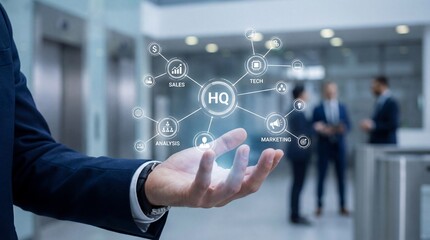 Businessman Holding Holographic HQ Business Management Network