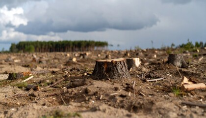 Deforestation aftermath - A barren landscape of tree stumps under a cloudy sky.