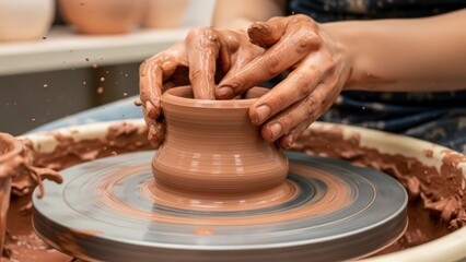 Fototapeta premium Potter shaping clay on pottery wheel.